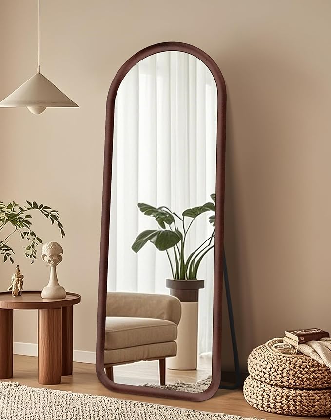 Delma Arched Full Length Mirror, Free Standing Floor Plush Flannel Frame Mirror for Leaning or Hanging, Soft Touch Bedroom & Living Room Decor, Dark Brown