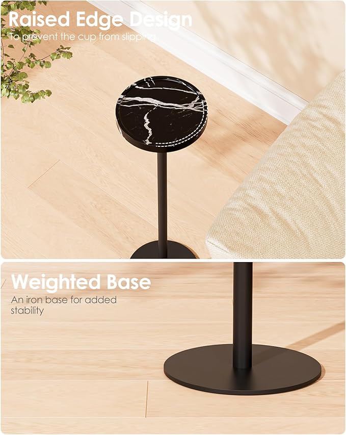 Drink Table, Small Pedestal Side Table, Round Cocktail Table, Circle Accent End Table with Metal Base, for Small Spaces (1, Black Marble)