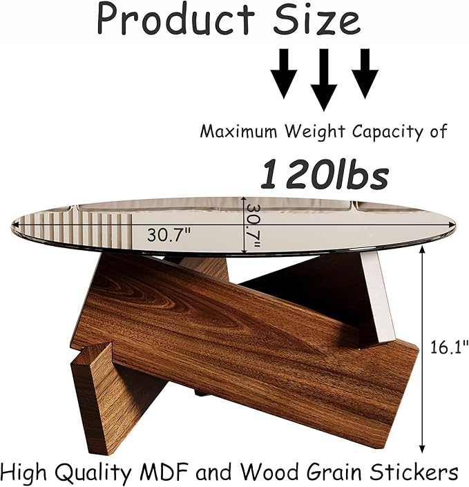 Honyee Morden Rounded Coffee Table, 30.7" x 30.7" x 16.1" Tempered Glass Top for Living Room, Color: Walnut