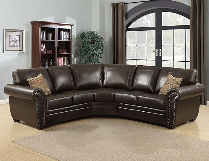 AC Pacific Louis Collection Traditional 3-Piece Upholstered Leather Living Room Sectional with Antique Nail Head Trim and 2 Accent Pillows, Brown