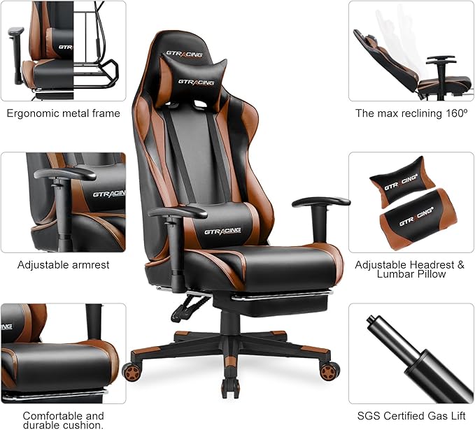 GTRACING Gaming Chair with Footrest, Ergonomic Computer Game Desk Chair, Reclining Gaming Chair Seat Height Adjustment, Swivel Rocker with Headrest and Lumbar (Brown)