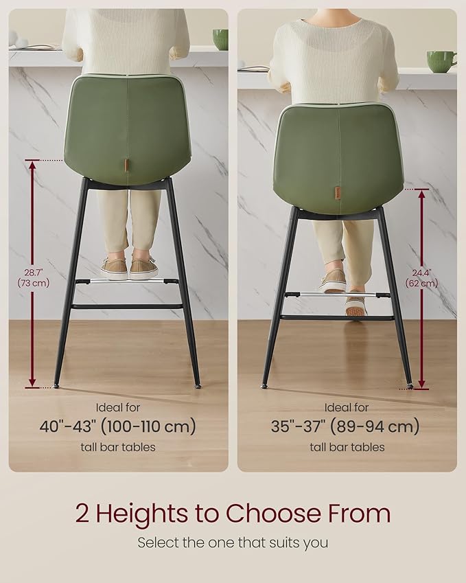 VASAGLE Bar Stools Set of 2, Counter Height Bar Stools with Back, Ergonomic Backrest, Synthetic Leather, Metal Legs, 24.4-Inch Tall Barstools for Kitchen Island Home Bar, Easy Assembly, Forest Green