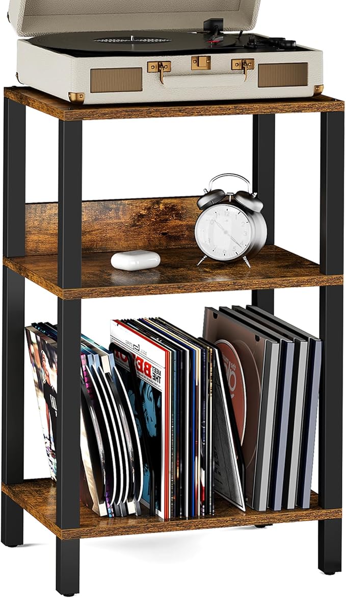 TUTOTAK Record Player Stand with Storage Up to 100 Albums,Record Storage Table,3 Tier End Table,Side Table for Living Room, Bedroom, Brown TB01BB075