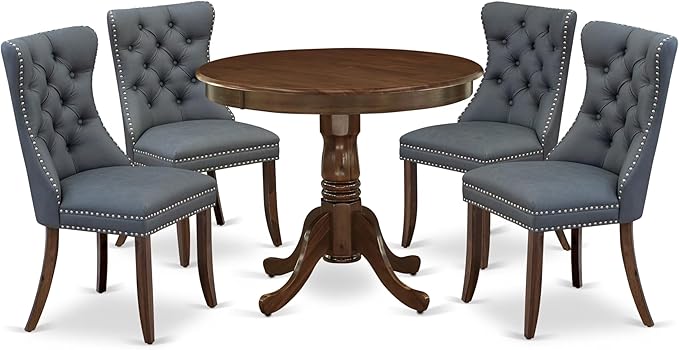 East West Furniture ANDA5-AWA-13 5 Piece Kitchen Table & Chairs Set Contains a Round Dining Table with Pedestal and 4 Polyester Fabric Parson Chairs, 36x36 Inch, Antique Walnut