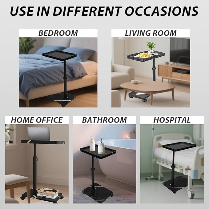Simcat C Table End Table Adjustable Height, C Shaped Side Table with Wheels, 360° Swivel TV Tray Table, Sofa Side Tables for Small Spaces/Living Room/Bedroom/Bathtub/Hospital