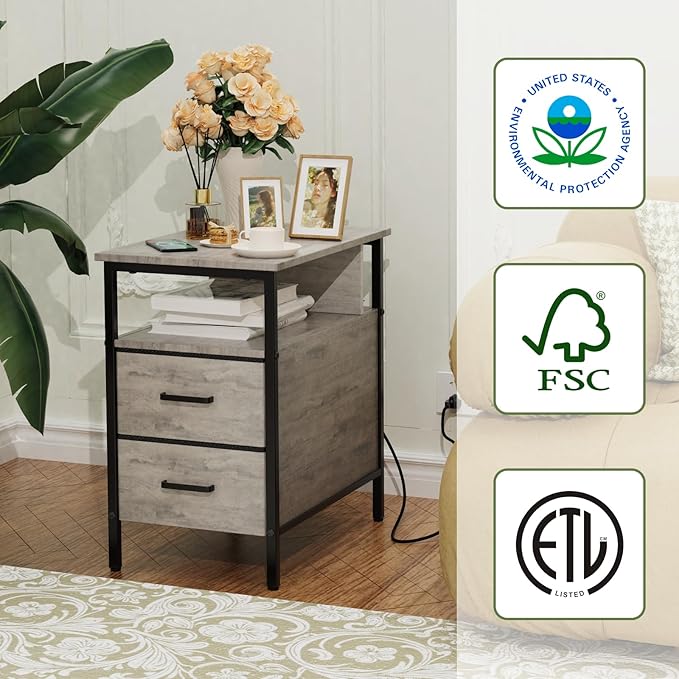 End Table with Charging Station, Narrow Side Table with 2 Fabric Drawer & Storage Shelf, USB Ports & Power Outlets, Narrow Nightstand for Bedroom Living Room Small Spaces, Greige