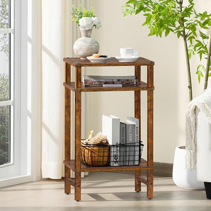 28in Tall Side Table Set of 2, 3-Tier Small Narrow End Table for Couch, Skinny Nightstand for Small Space, Farmhouse Slim Night Stand with Storage, Wooden Frame Thin Bedside Table, Brown