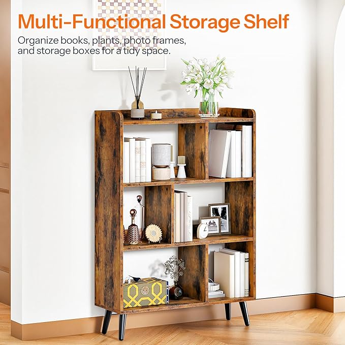 HOOBRO 6 Cube Bookshelf, 4 Tier Bookcase with Legs, Mid-Century Modern Bookshelves, Large Open Storage Shelf, Wooden Book Case for Living Room, Bedroom, Office, Kitchen, Rustic Brown FG116SJ01