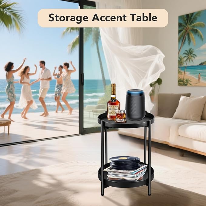 Small Side Table Round for Small Spaces Indoor Outdoor, Mini End Table Metal, 2 Tier Plant Stand Foldable, Bedside Table for Living Room, Bed Side, Sofa Side, Patio, Night Stand 20.5'' Tall, Black