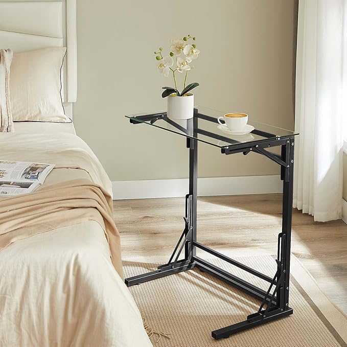 Tatub 24" Folding C Shaped End Table, Small Tempered Glass Side Table for Couch or Bed, Foldable TV Tray Laptop Desk with Black Metal Frame