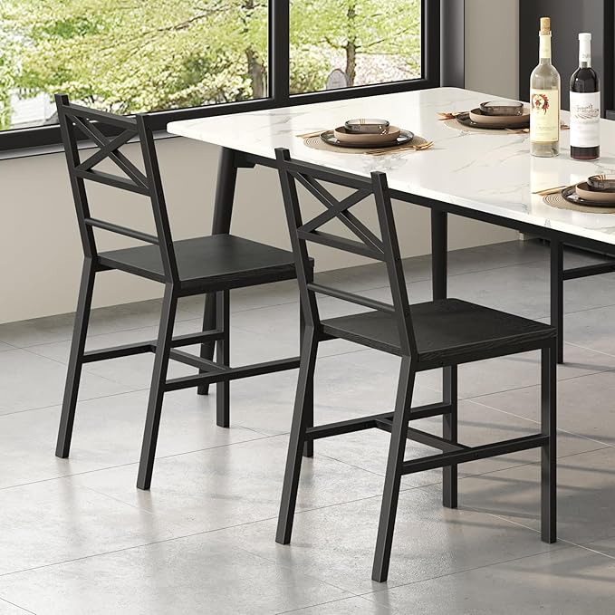 Dining Chair Set of 2, Rustic Wooden Kitchen Chairs with Backrest, Farmhouse Dining Chairs for Kitchen, Industrial Style Chair with Metal Frame, Easy Assembly, Black TBHB1001