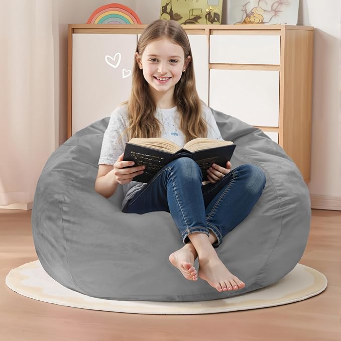 Homguava 2FT Bean Bag Chair: 2' Bean Bags with Memory Foam Filled,Comfy Beanbag Chairs Round Bean Bag Sofa with Dutch Velvet Cover-Light Grey