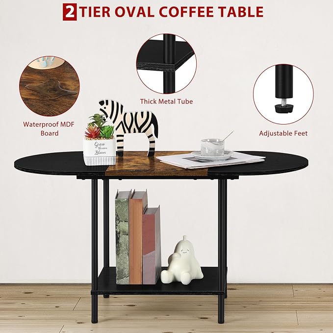 ETELI Small Black Coffee Table Oval Center Table with Storage and Open Shelf Round Coffee Tea Table for Small Space Living Room Home Office, Brown & Black