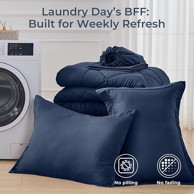 HEVUMYI Navy Blue Twin-XL Comforter Set - 5-Piece All Season Bed in a Bag Twin-XL, Ultra Soft Bedding Set with Comforter, Flat Sheet, Fitted Sheet, Pillowcases, Pillow Shams, Navy Blue