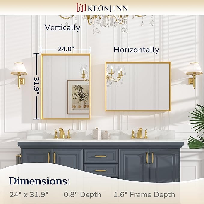 Keonjinn Gold Bathroom Vanity Mirror 24" x 32" Rectangular Wall Mirror Aluminum Alloy Metal Frame Rectangle Modern Farmhouse Mirror Square Corner Framed Mirror for Bathroom Sink(Horizontal/Vertical)