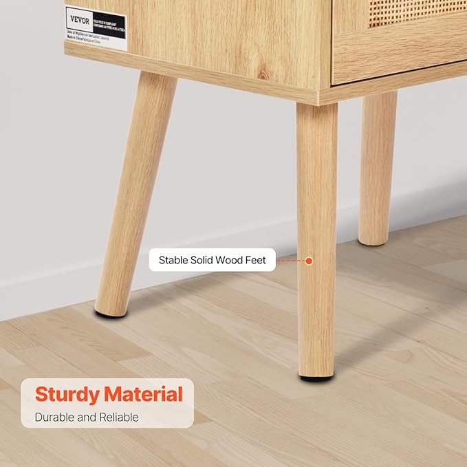 VEVOR Rattan Nightstand, Boho Bedside Table with Drawer Open Shelf, End Table Wooden Nightstand with Solid Wood Legs, Rattan Side Table with Charging Station, for Bedroom
