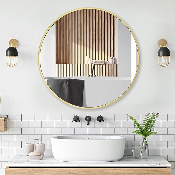 24 inch Gold Circle Mirror for Bathroom, Round Matte Gold Framed Mirror for Bathroom Vanity, Bedroom, Living Room, Wall Decor