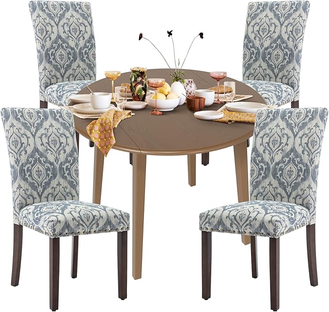COLAMY 5-Piece Extendable Dining Table Set for 4, 36" Kitchen Round Wood Table with 4 Nailhead Dining Room Chairs,Light Brown/White&Blue Flower
