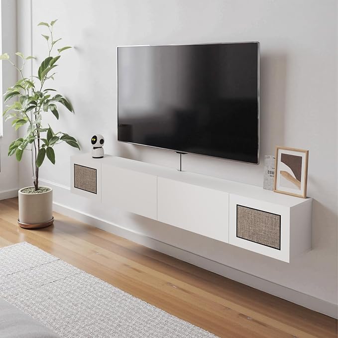 Pmnianhua Boho Floating TV Stand 94", Modern Wall Mounted Media Console with Cotton-Rayon Doors for Under TV Shelf,Entertainment Center,Living Room,Bedroom(White)