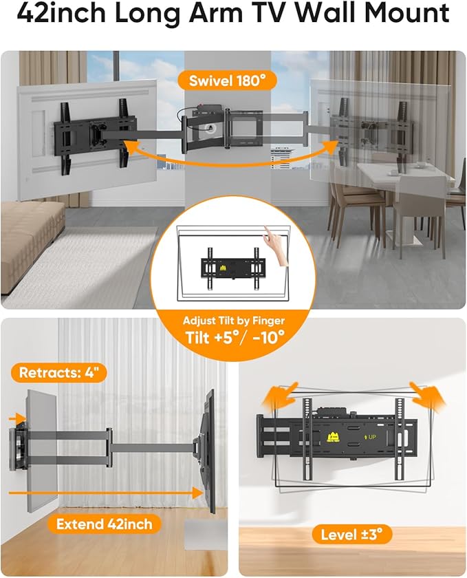 FORGING MOUNT 42 inch Long Arm TV Wall Mount with Power Strip, Full Motion Long Extension Articulating Corner TV Mount for 37 to 80 Inch Flat/Curve TVs, MAX VESA 600x400mm, Holds up to 110 lbs