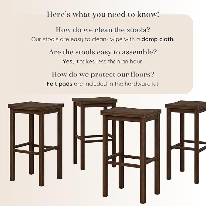 Grain & Grove Smith Collection Set of 4 Solid Wood Bar Stools, 30 inch Saddle-Seat Bar Chairs, Backless, Heavy-Duty Construction, Footrest Support, for Kitchen Islands, Home Bars, and Counters, Walnut