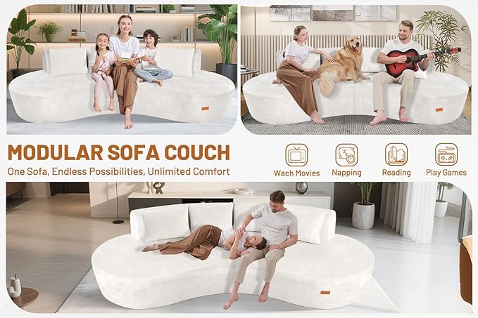 Homguava 104'' Modular Sectional Sofa,Curved Modern Sofa with Memory Foam,Deep Seat Cloud Couch with 4 Pillows,Upholstered Oversized Couches for Living Room Apartment Office,No Assembly Required,Beige