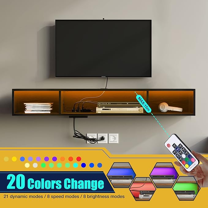 Rolanstar TV Stand with Power Outlet, Floating TV Stand with RGB Lights, 47.2" Wall Mounted TV Shelf, Black Media Console with Storage Shelf, Entertainment Under TV for Living Room, Bedroom