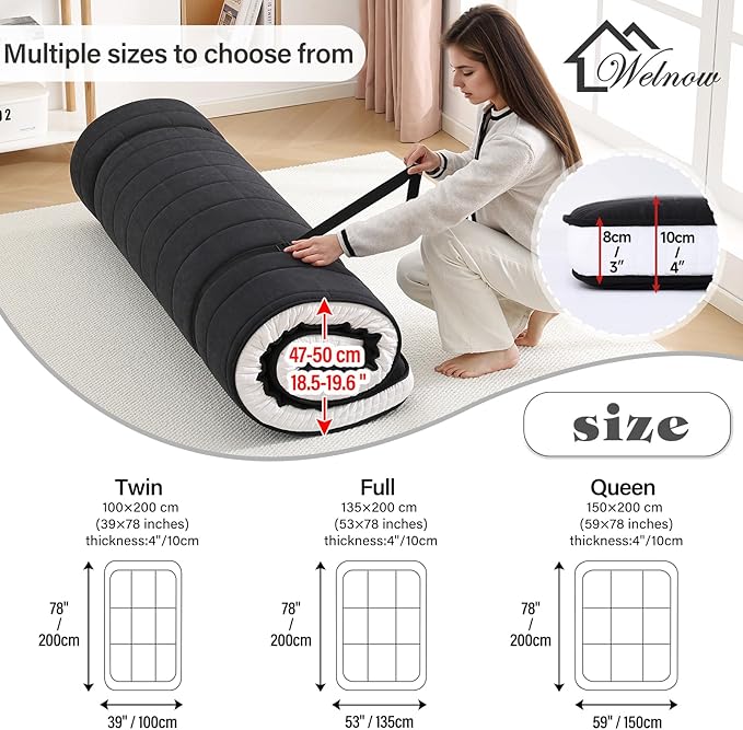 Welnow Japanese Futon Floor Mattress, Queen Size Thick Tatami Mat Portable & Foldable Roll Up Floor Bed Mattress with Storage Bag, Sleeping Pad for Adults, Dorm, Guest Bed, Camping and Travel, Black