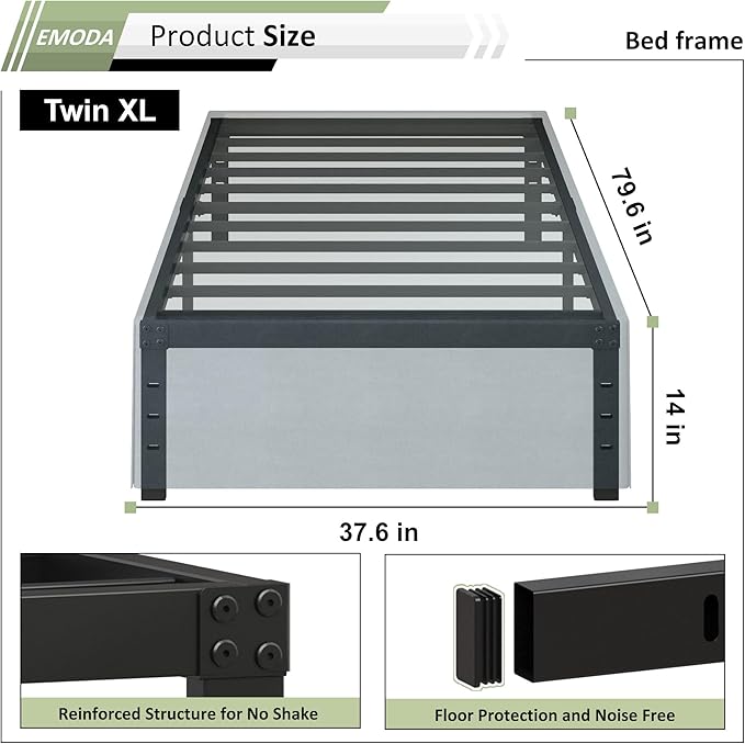 EMODA 14 Inch Twin XL Bed Frames with Cover, Heavy Duty XL Twin Metal Platform Bed Frame No Box Spring Needed, Noise Free, Easy Assembly