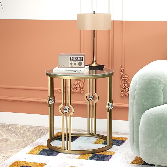 OIOG Glass Side Table Set of 2, Living Room End Table with Tempered Glass & Metal Frame, Gold Side Table for Bedroom Office, 2 PC