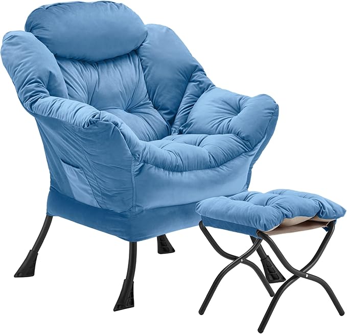 Lazy Chair with Folding Ottoman, Accent Chair Velvet Upholstered with Metal Structure and Non-Slip Pads, Sofa Armchair with Footrest and Side Storage Bag for Dorm, Room, Office, Light Blue