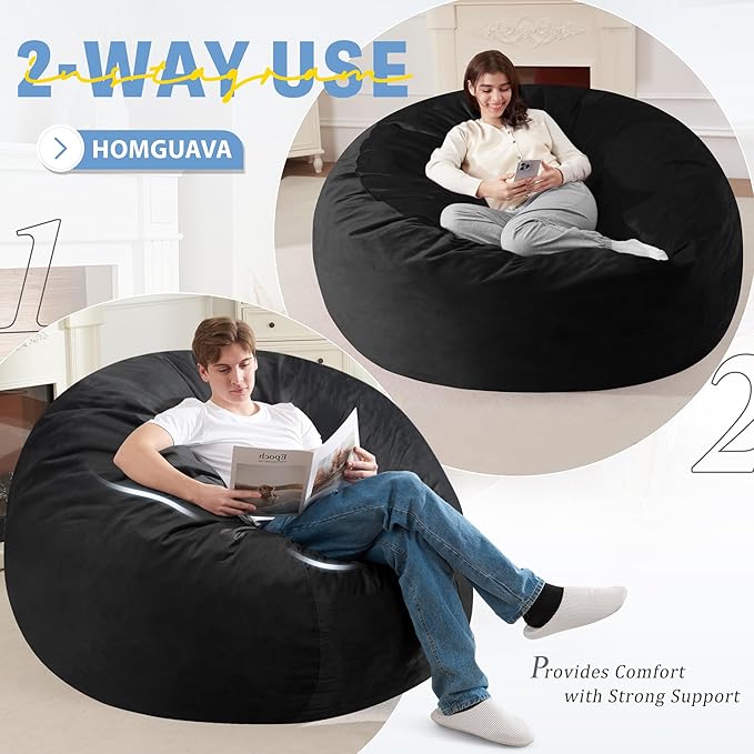 Homguava 6FT Bean Bag Chair Giant BeanBag with Memory Foam Filled, Large Bean Bag Chairs for Adults, Adult Bean Bag Chair with Dutch Velvet Cover for Living Room Bedroom-Black