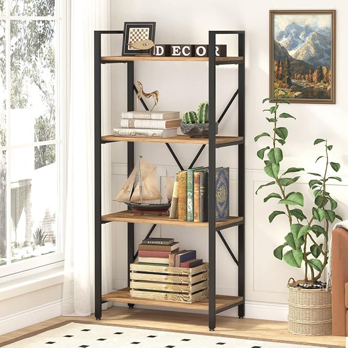 BON AUGURE Industrial 4 Tier Bookshelf, Modern Open Shelving Unit Book Shelves, Heavy Duty Etagere Bookcase, Wood Metal 4 Shelf Book Case for Office, Living Room and Bedroom (Vintage Oak)