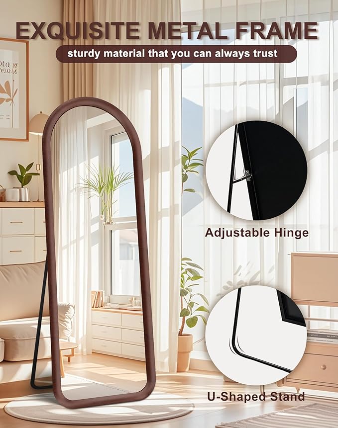 Delma Arched Full Length Mirror, Free Standing Floor Plush Flannel Frame Mirror for Leaning or Hanging, Soft Touch Bedroom & Living Room Decor, Dark Brown