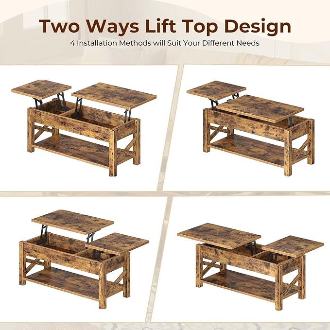 Rolanstar Coffee Table 47.2", 2 Way Lift Top with Hidden Compartment, Lift Top Coffee Table with Open Shelf & X Wooden Support, Center Table for Living Room, Rustic Brown