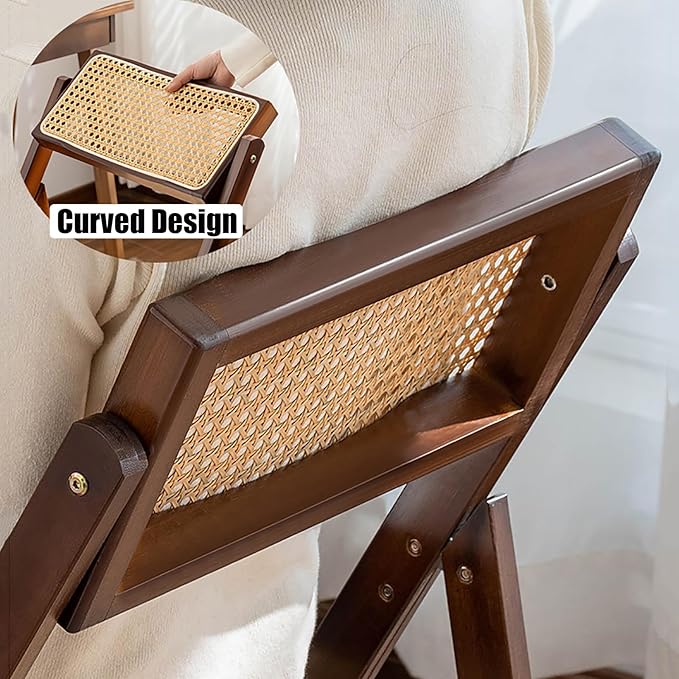 KISKIS Wooden Rattan Folding Chairs Portable Save Space Kitchen Dining Chair for Balcony Living Room, with Mesh Elastic Seat and Curved Back, 400LBS,2 Pack
