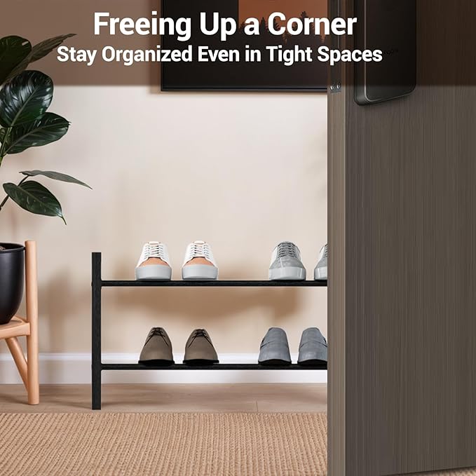 Haddockway Bamboo Shoe Rack for Closet, Free Standing Shoe Organizer with Smooth Round Rods & Convenient Handles, Stackable Shoe Storage Shelf for Entryway, Hallway(Black, 2-Tier(Small))