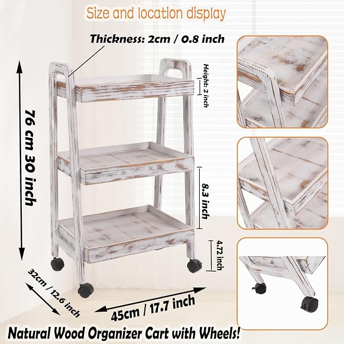 3-Tiers Ladder Shelf with Wheels, Wooden Rolling Cart,Solid Pine Wood Ladder Shelf, Side End Table for Living Room, Storage Cart Organizer for Kitchen,Studio,Classroom, Bathroom (Retro White)