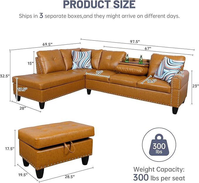 L Shaped Modular Sectional Sofa with Reversible Chaise Lounge, 5-Seater Corner Couch, PU Leather Convertible Sofá w/Movable Ottoman, Cup Holders, 2 Pillows and Rivet Ornament for Living Room