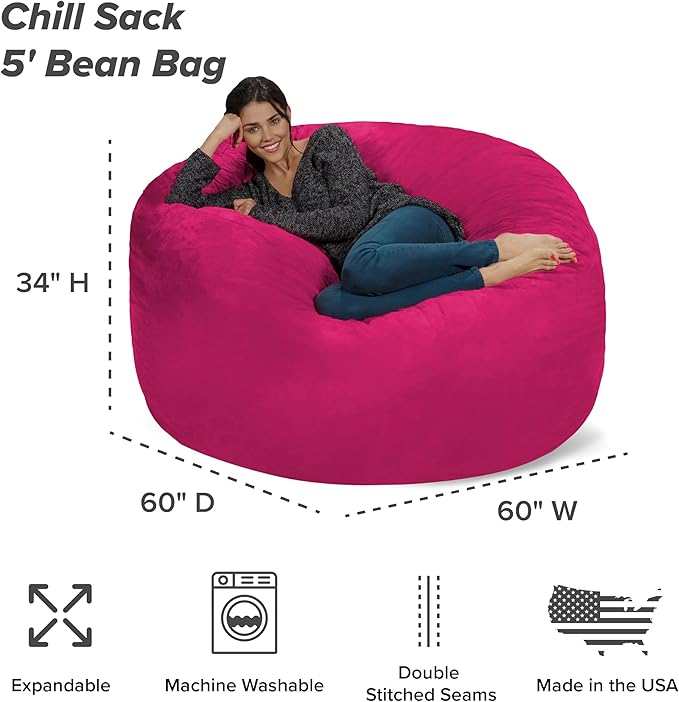 Chill Sack Bean Bag Chair: Giant 5' Memory Foam Furniture Bean Bag - Big Sofa with Soft Micro Fiber Cover - Pink
