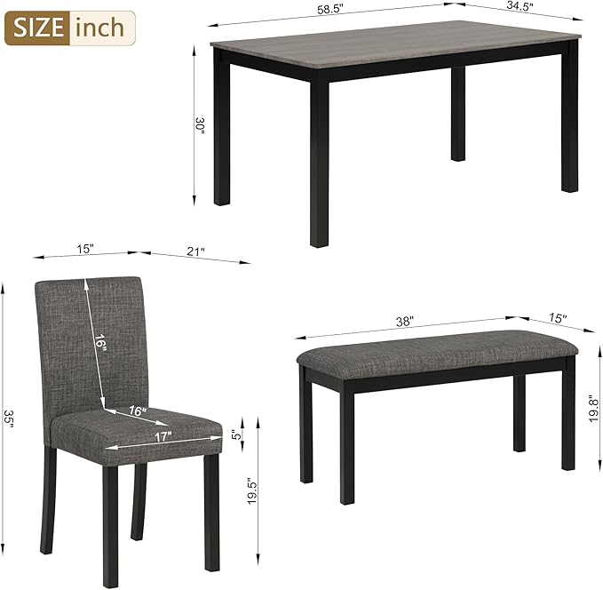 KEIKI 6-Piece Standard Height Dining Table Set with Rectangular Table, 4 Upholstered Curved Backrset Chair, Bench, for 6 Person, Modern Table Set, Easy Assembly, for Kitchen, Dining Room, Black+Gray