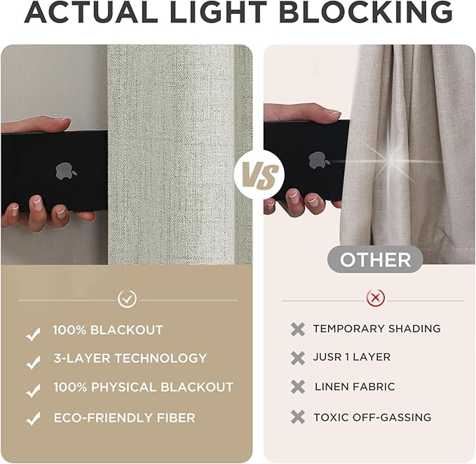 Joydeco 100% Blackout Curtains for Bedroom - Natural Linen Curtains 52" W x 72" L Long, Thermal Insulated 2 Panels Light Beige. Room Darkening Light Blocking Drapes for Living Room