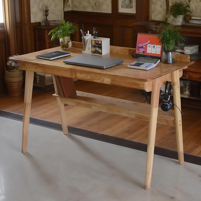 Oak Desk with Drawers, Solid Wood Desk with Bookshelf Small Computer Desk for Small Spaces Mid-Century Modern Wood Writing Desk with 2 Drawers for Home Office 39"