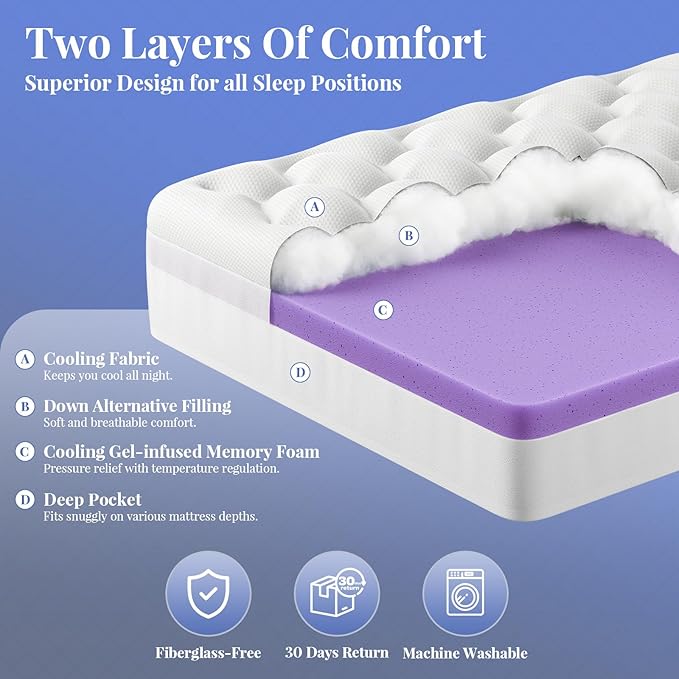 OhGeni Cooling 4 inch Dual Layer Queen Mattress Topper, 2 inch Cooling Gel Memory Foam, 2 inch Down Alternative Pillow Top Pad, Mattresses Cover for Bed, Medium Support, Fits 6”-19” Deep Pocket,Purple