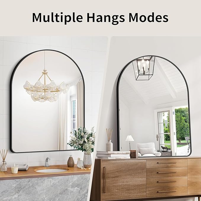 Arched Bathroom Mirror, 26"x38" Black Arched Mirror for Bathroom, Wall Mounted Mirror, Black Vanity Wall Mirror w/Metal Frame for Bedroom, Entryway, Living Room, Hanging or Leaning Against Wall