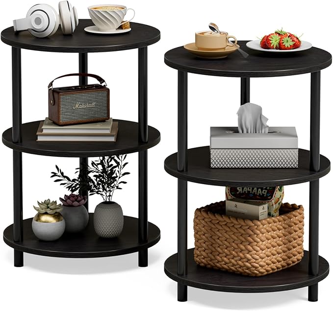 Small Round End Table - 3 Tier Design Accent Table, Narrow Side or Bedside Stand, Industrial Vintage Nightstand for Bedroom, Living Room, or Small Spaces, Set of 2, Charcoal Wenge