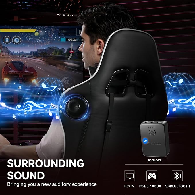 GTPLAYER Gaming Chair with Bluetooth Speakers and Footrest, Ergonomic Gamer Chair with Reclining Backrest, 3D Armrests, Adjustable Seat Height, Computer Desk Chair for Adults (Grey)