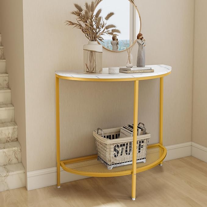 Entry Table Narrow Livingroom Furniture: 2 Tier Modern Console Table with Gold Frame and Imitation Marble Top for Kitchen Bedroom Hallway Living Room Office and More (Gold)