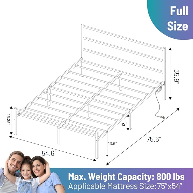 Full Size Bed Frame with Headboard,Heavy Duty Steel Slats Support-LED Bed Frame with USB Charging Station,Mattress Foundation-Under Bed Storage,No Box Spring Needed,Noise Free,White