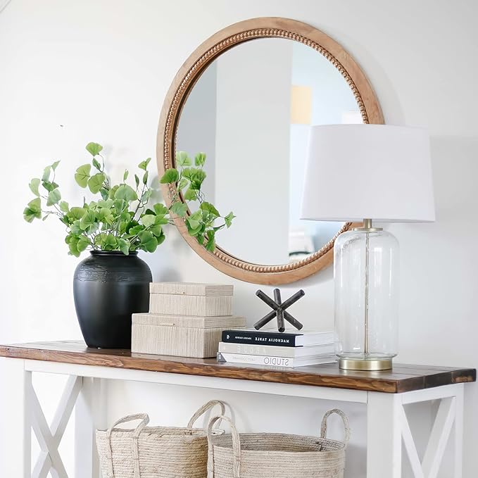 Sawsile Round Decorative Circle Farmhouse Style Mirror - 18inch Rustic Natural Wooden Frame Beads for Bedroom, Bathroom, Living Room or Entryway